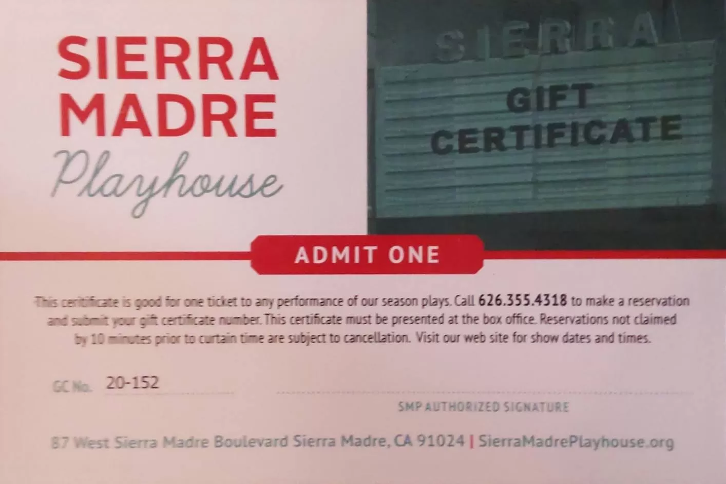 PURCHASE A GIFT CERTIFICATE FROM THE SIERRA MADRE PLAYHOUSE!